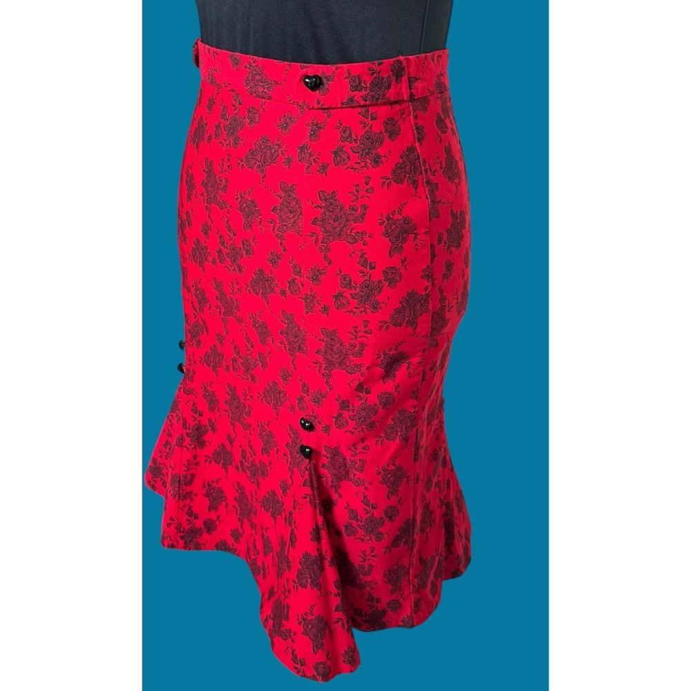 VOODOO VIXEN Retro Red & Black Floral Knee-Length Stretchy Wiggle Skirt, Pinup - Picture 5 of 14